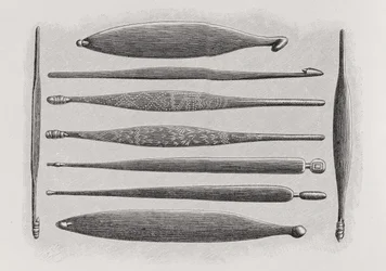 Wommeras o palos de lanzamiento de los australianos, de La Historia de la Humanidad, Vol.1, por Prof. Friedrich Ratzel, 1896